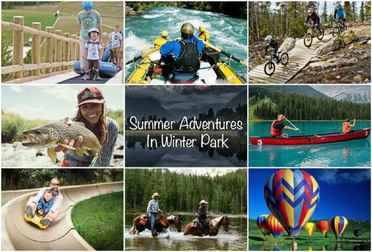 Families and groups engage in a variety of outdoor activities including rafting on a river, biking on mountain trails, fishing, children playing on a water slide, horseback riding, and hot air balloons soaring above. The image is vibrant and energetic, packed with four-season adventure.