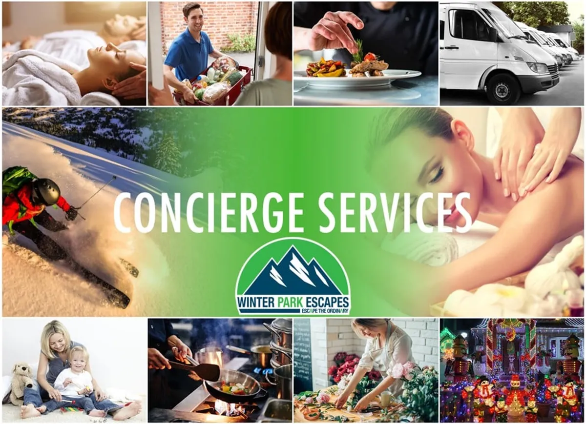 An inviting interior graphic focusing on concierge services, featuring text about these offerings and visual representations of activities such as skiing, spa treatments, cooking, and family moments. The Winter Park Escapes logo is prominent, reinforcing the exclusivity of the experience.