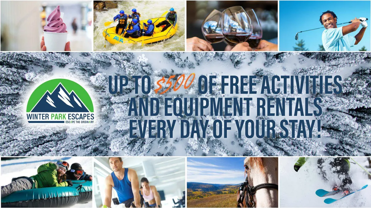 A vibrant interior collage showcasing guests participating in snow activities, whitewater rafting, golfing, fine dining, and moments of relaxation. The image brings together both winter and summer adventures, highlighting a range of complimentary activities available through the Adventure Concierge program.